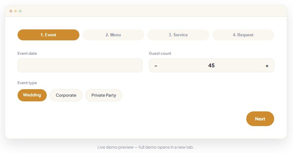 CaterOS 4-step catering order wizard live demo preview